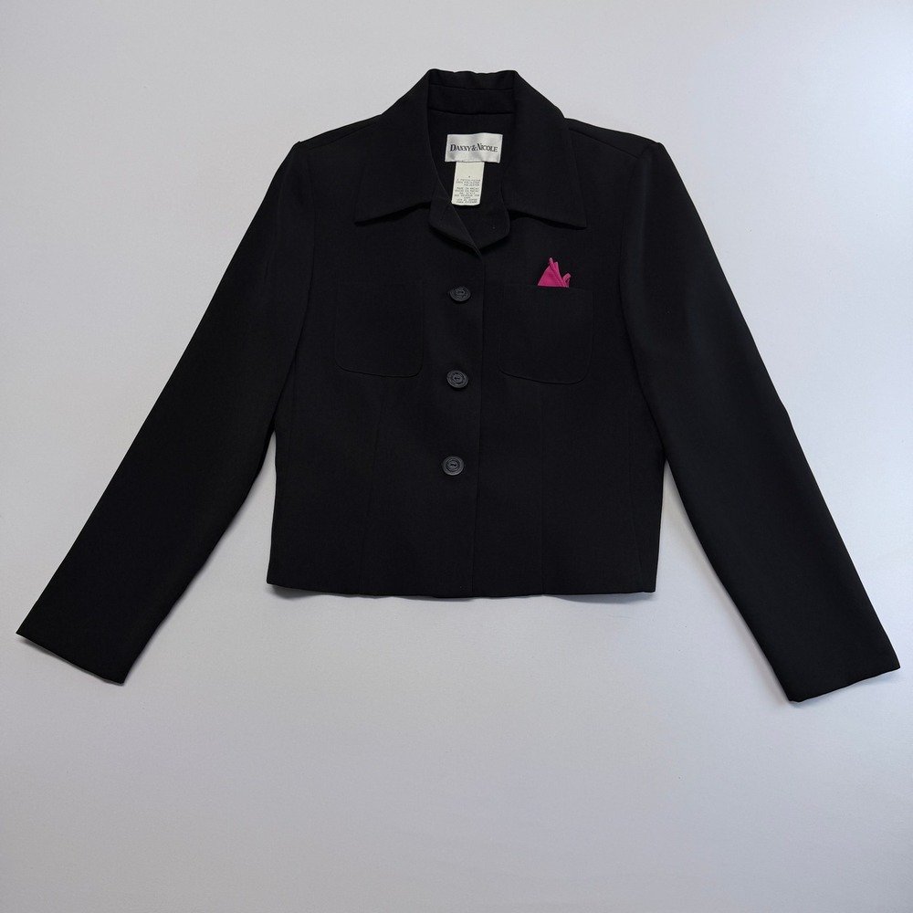 Danny & Nicole Black Button Front Blazer with Pink Pocket Square Size 6